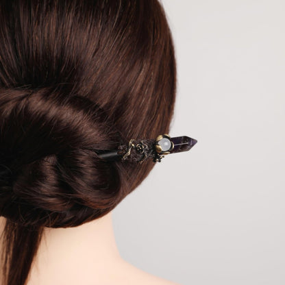 Ebony Wood Hair Stick with Amethyst Point - Elegant Hair Pin Gift for Her