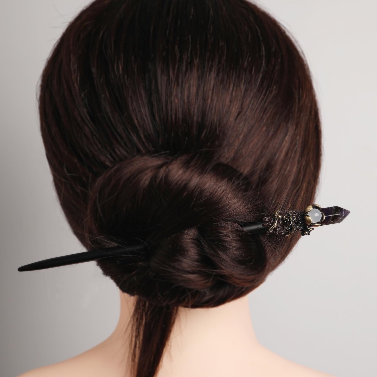 Ebony Wood Hair Stick with Amethyst Point - Elegant Hair Pin Gift for Her - görsel 3