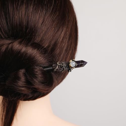 Ebony Wood Hair Stick with Amethyst Point - Elegant Hair Pin Gift for Her - görsel 10