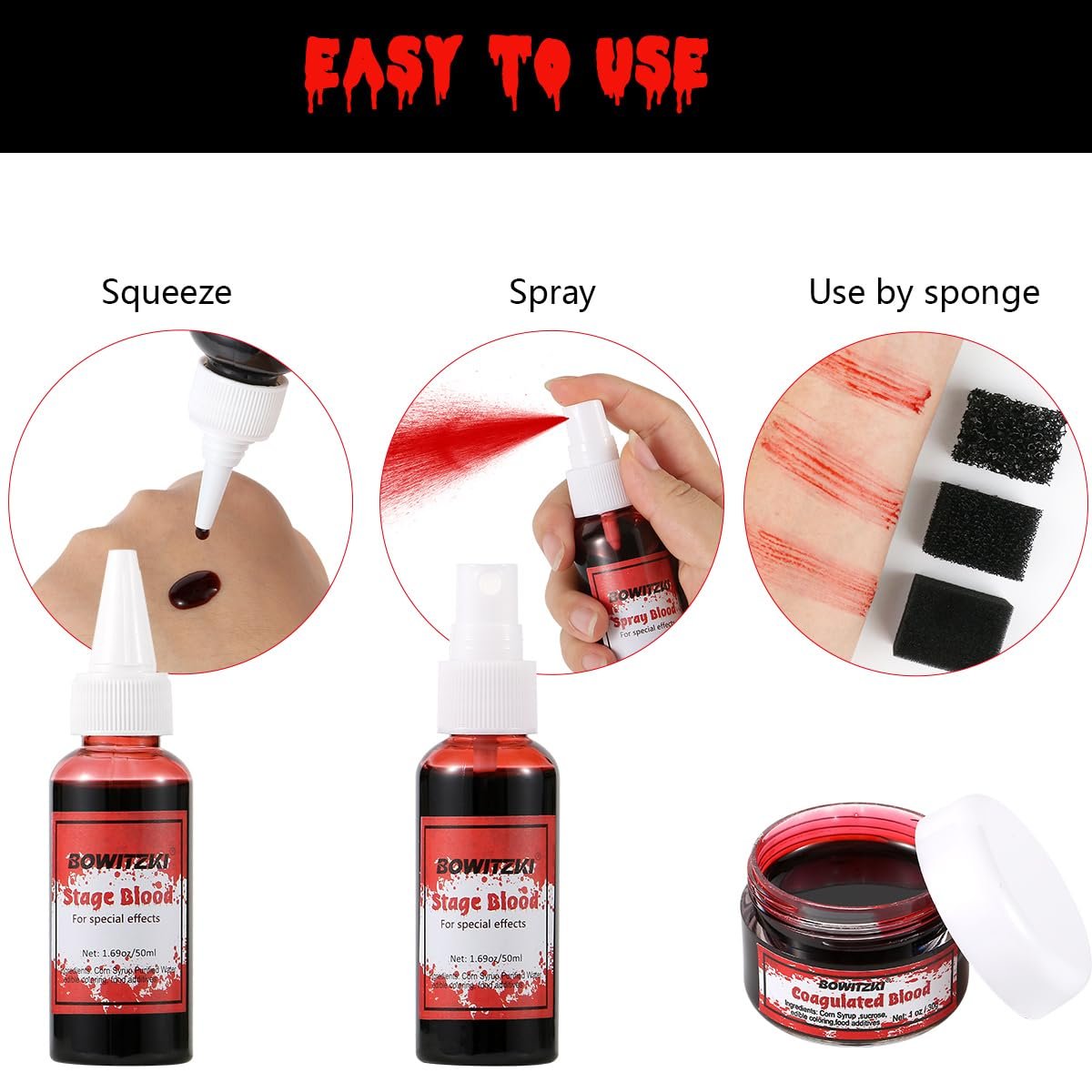 Bowitzki Fake Blood 6-Piece Set: Stage Blood, Spray Blood, Coagulated Blood & SFX Sponge – Realistic, Washable Special Effects Makeup for Zombie, Vampire, Monster Costumes – Halloween, Christmas, Party - görsel 3