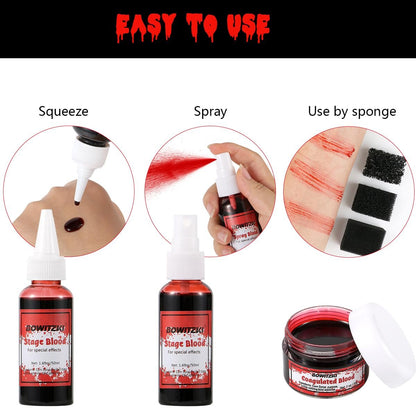 Bowitzki Fake Blood 6-Piece Set: Stage Blood, Spray Blood, Coagulated Blood & SFX Sponge – Realistic, Washable Special Effects Makeup for Zombie, Vampire, Monster Costumes – Halloween, Christmas, Party