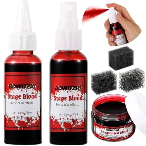 Bowitzki Fake Blood 6-Piece Set: Stage Blood, Spray Blood, Coagulated Blood & SFX Sponge – Realistic, Washable Special Effects Makeup for Zombie, Vampire, Monster Costumes – Halloween, Christmas, Party - görsel 2