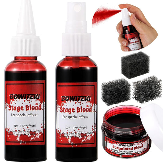 Bowitzki Fake Blood 6-Piece Set: Stage Blood, Spray Blood, Coagulated Blood & SFX Sponge – Realistic, Washable Special Effects Makeup for Zombie, Vampire, Monster Costumes – Halloween, Christmas, Party
