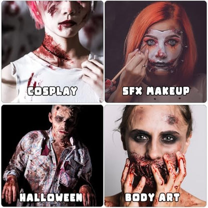 Bowitzki Fake Blood 6-Piece Set: Stage Blood, Spray Blood, Coagulated Blood & SFX Sponge – Realistic, Washable Special Effects Makeup for Zombie, Vampire, Monster Costumes – Halloween, Christmas, Party