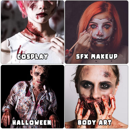 Bowitzki Fake Blood 6-Piece Set: Stage Blood, Spray Blood, Coagulated Blood & SFX Sponge – Realistic, Washable Special Effects Makeup for Zombie, Vampire, Monster Costumes – Halloween, Christmas, Party