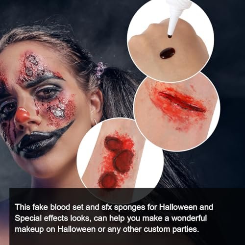 Bowitzki Fake Blood 6-Piece Set: Stage Blood, Spray Blood, Coagulated Blood & SFX Sponge – Realistic, Washable Special Effects Makeup for Zombie, Vampire, Monster Costumes – Halloween, Christmas, Party - görsel 6