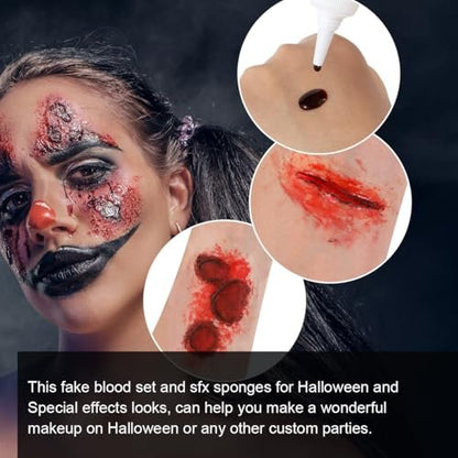 Bowitzki Fake Blood 6-Piece Set: Stage Blood, Spray Blood, Coagulated Blood & SFX Sponge – Realistic, Washable Special Effects Makeup for Zombie, Vampire, Monster Costumes – Halloween, Christmas, Party