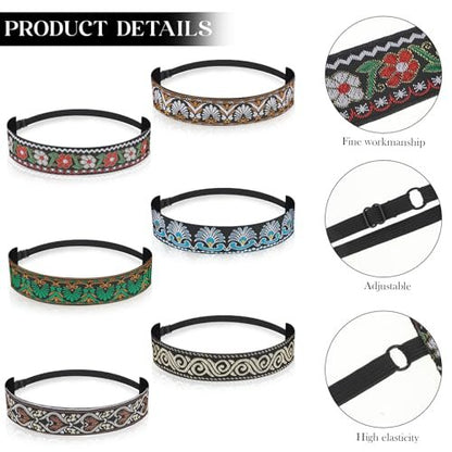 Qianyu 6 Pack Adjustable Non-Slip Velvet Lined Retro Headbands for Women - Elastic Fabric Hairbands for Yoga, Work, Makeup