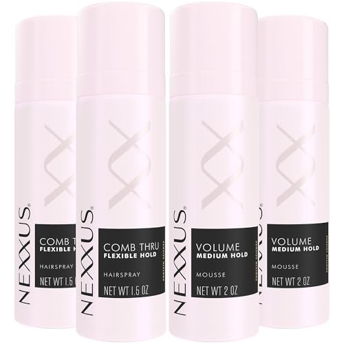 Nexxus Travel Styling Bundle - Flexible Hairspray 1.5 oz 2-Pack + Volume Mousse 2 oz 2-Pack - Anti-Humidity Frizz Control with Rose Fragrance Avelisse