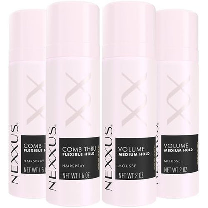 Nexxus Travel Styling Bundle - Flexible Hairspray 1.5 oz 2-Pack + Volume Mousse 2 oz 2-Pack - Anti-Humidity Frizz Control with Rose Fragrance Avelisse