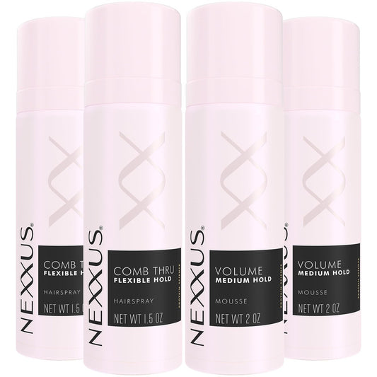 Nexxus Travel Styling Bundle - Flexible Hairspray 1.5 oz 2-Pack + Volume Mousse 2 oz 2-Pack - Anti-Humidity Frizz Control with Rose Fragrance Avelisse
