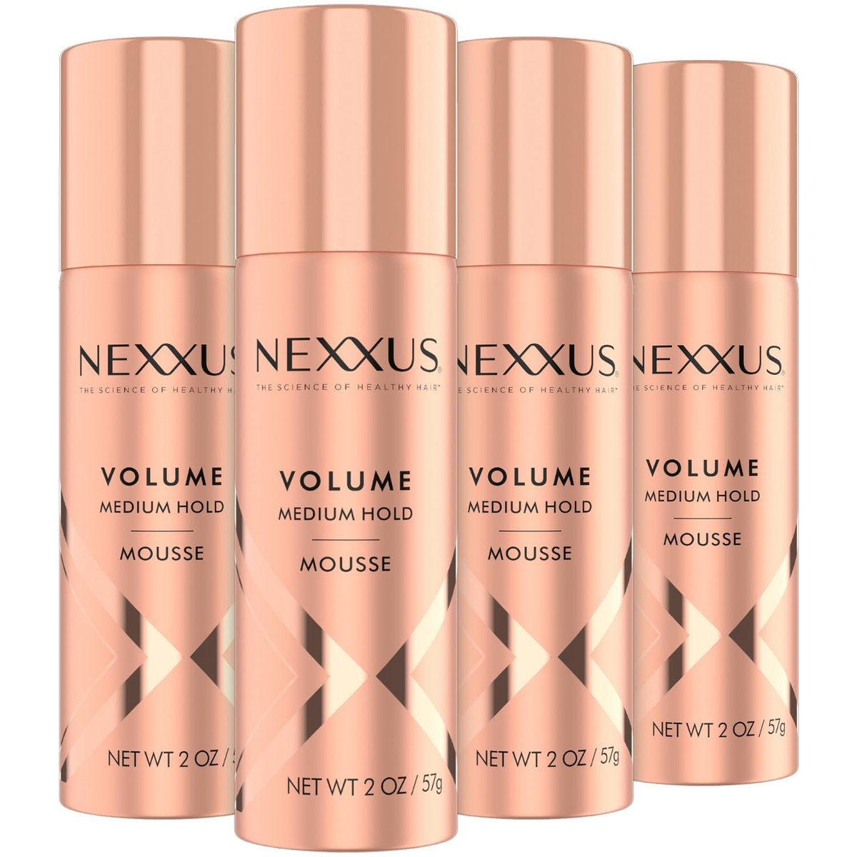 Nexxus Travel Mousse Volume Medium Hold 4-Pack – 72-Hour Anti-Humidity Shield, 48-Hour Frizz Control, Rose Fragrance, 2 oz Each Avelisse