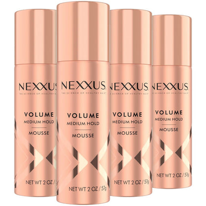 Nexxus Travel Mousse Volume Medium Hold 4-Pack – 72-Hour Anti-Humidity Shield, 48-Hour Frizz Control, Rose Fragrance, 2 oz Each Avelisse