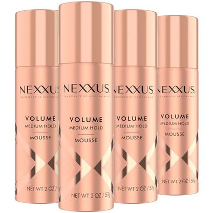 Nexxus Travel Mousse Volume Medium Hold 4-Pack – 72-Hour Anti-Humidity Shield, 48-Hour Frizz Control, Rose Fragrance, 2 oz Each Avelisse