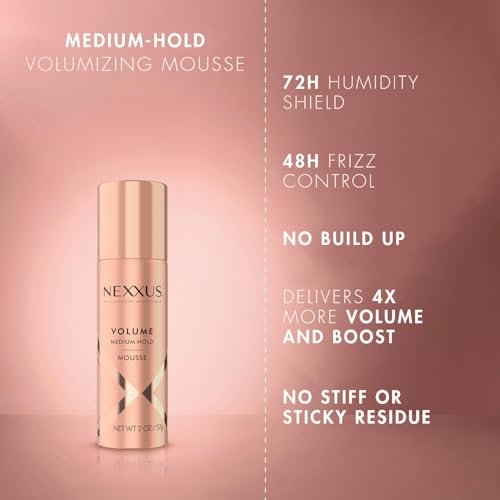 Nexxus Travel Mousse Volume Medium Hold 4-Pack – 72-Hour Anti-Humidity Shield, 48-Hour Frizz Control, Rose Fragrance, 2 oz Each Avelisse