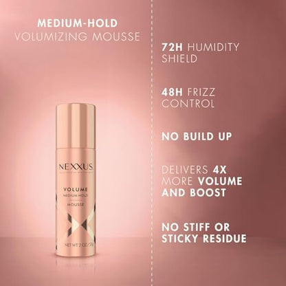 Nexxus Travel Mousse Volume Medium Hold 4-Pack – 72-Hour Anti-Humidity Shield, 48-Hour Frizz Control, Rose Fragrance, 2 oz Each Avelisse