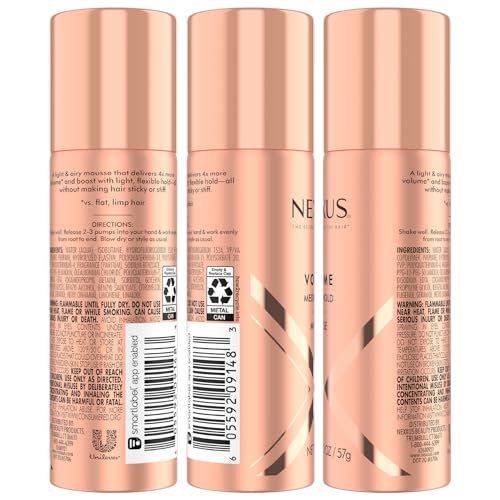 Nexxus Travel Mousse Volume Medium Hold 4-Pack – 72-Hour Anti-Humidity Shield, 48-Hour Frizz Control, Rose Fragrance, 2 oz Each Avelisse