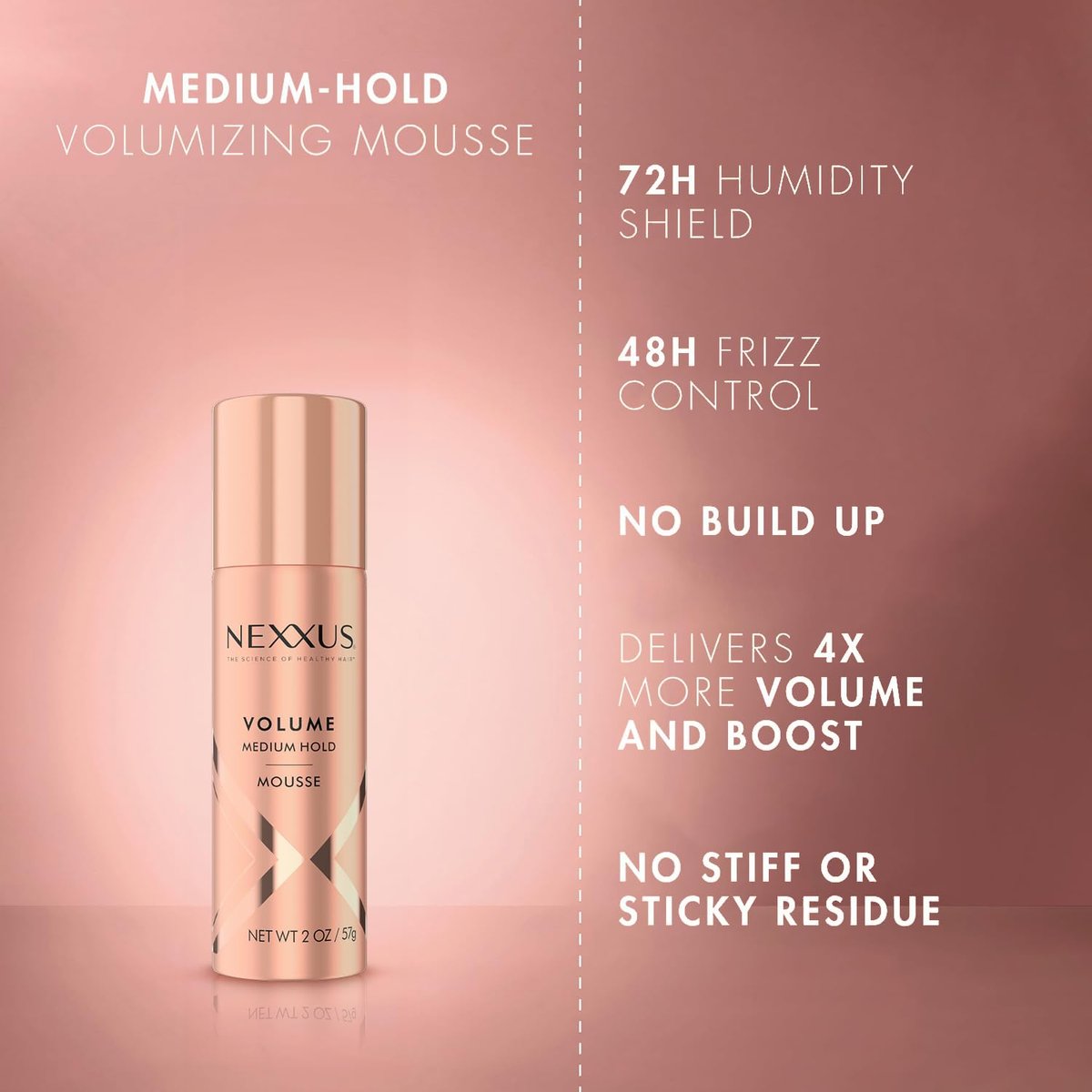Nexxus Travel Mousse Volume Medium Hold 4-Pack – 72-Hour Anti-Humidity Shield, 48-Hour Frizz Control, Rose Fragrance, 2 oz Each Avelisse