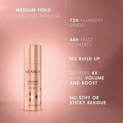 Nexxus Travel Mousse Volume Medium Hold 4-Pack – 72-Hour Anti-Humidity Shield, 48-Hour Frizz Control, Rose Fragrance, 2 oz Each Avelisse