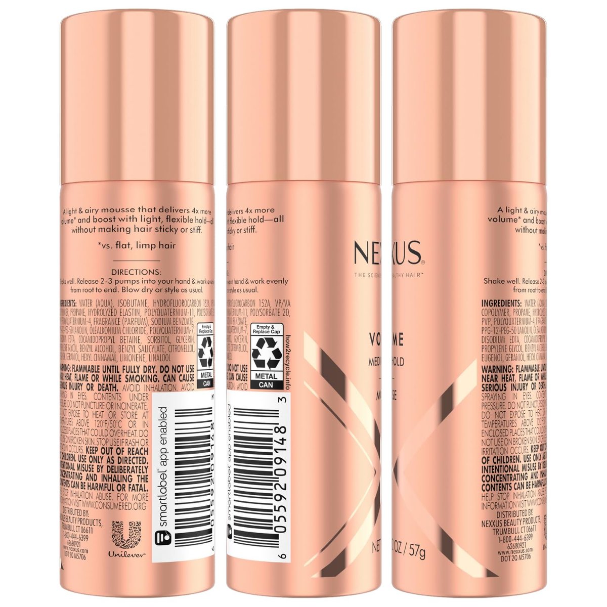 Nexxus Travel Mousse Volume Medium Hold 4-Pack – 72-Hour Anti-Humidity Shield, 48-Hour Frizz Control, Rose Fragrance, 2 oz Each Avelisse