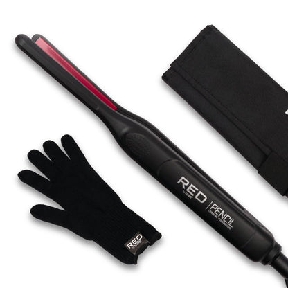 Red by Kiss Pencil Flat Iron 0.3 Inch Tourmaline Ceramic Mini Hair Straightener Up to 450°F for Short to Medium Hair Pixie Cuts Bangs & Edges Includes Travel Pouch & Heat-Resistant Glove Avelisse