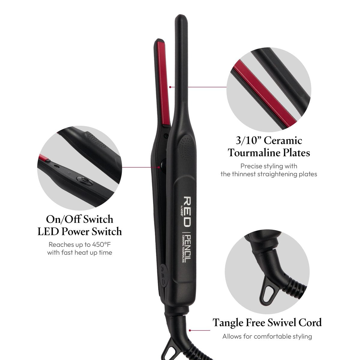 Red by Kiss Pencil Flat Iron 0.3 Inch Tourmaline Ceramic Mini Hair Straightener Up to 450°F for Short to Medium Hair Pixie Cuts Bangs & Edges Includes Travel Pouch & Heat-Resistant Glove Avelisse