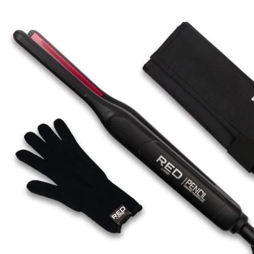 Red by Kiss Pencil Flat Iron 0.3 Inch Tourmaline Ceramic Mini Hair Straightener Up to 450°F for Short to Medium Hair Pixie Cuts Bangs & Edges Includes Travel Pouch & Heat-Resistant Glove Avelisse