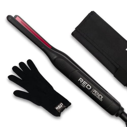 Red by Kiss Pencil Flat Iron 0.3 Inch Tourmaline Ceramic Mini Hair Straightener Up to 450°F for Short to Medium Hair Pixie Cuts Bangs & Edges Includes Travel Pouch & Heat-Resistant Glove Avelisse
