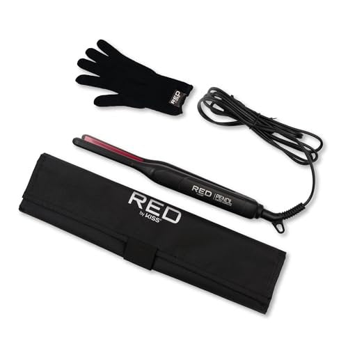 Red by Kiss Pencil Flat Iron 0.3 Inch Tourmaline Ceramic Mini Hair Straightener Up to 450°F for Short to Medium Hair Pixie Cuts Bangs & Edges Includes Travel Pouch & Heat-Resistant Glove Avelisse