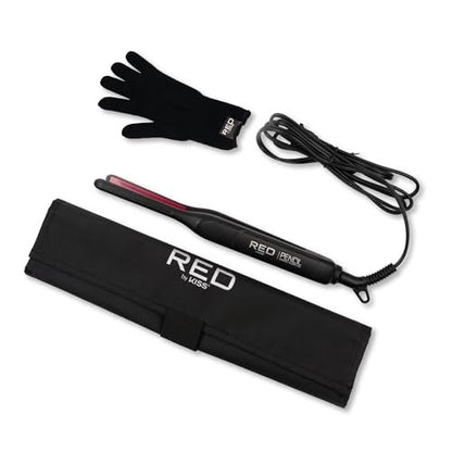 Red by Kiss Pencil Flat Iron 0.3 Inch Tourmaline Ceramic Mini Hair Straightener Up to 450°F for Short to Medium Hair Pixie Cuts Bangs & Edges Includes Travel Pouch & Heat-Resistant Glove Avelisse