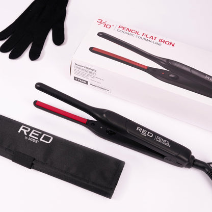 Red by Kiss Pencil Flat Iron 0.3 Inch Tourmaline Ceramic Mini Hair Straightener Up to 450°F for Short to Medium Hair Pixie Cuts Bangs & Edges Includes Travel Pouch & Heat-Resistant Glove Avelisse