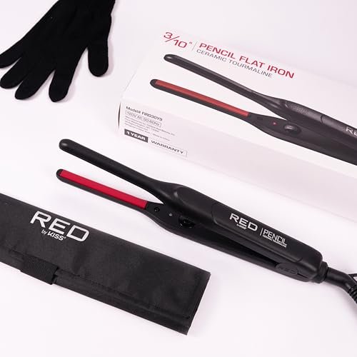 Red by Kiss Pencil Flat Iron 0.3 Inch Tourmaline Ceramic Mini Hair Straightener Up to 450°F for Short to Medium Hair Pixie Cuts Bangs & Edges Includes Travel Pouch & Heat-Resistant Glove Avelisse