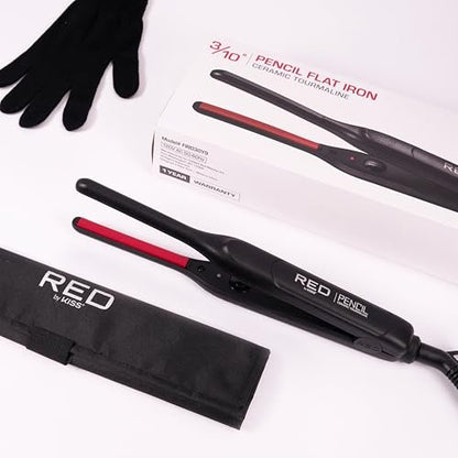 Red by Kiss Pencil Flat Iron 0.3 Inch Tourmaline Ceramic Mini Hair Straightener Up to 450°F for Short to Medium Hair Pixie Cuts Bangs & Edges Includes Travel Pouch & Heat-Resistant Glove Avelisse