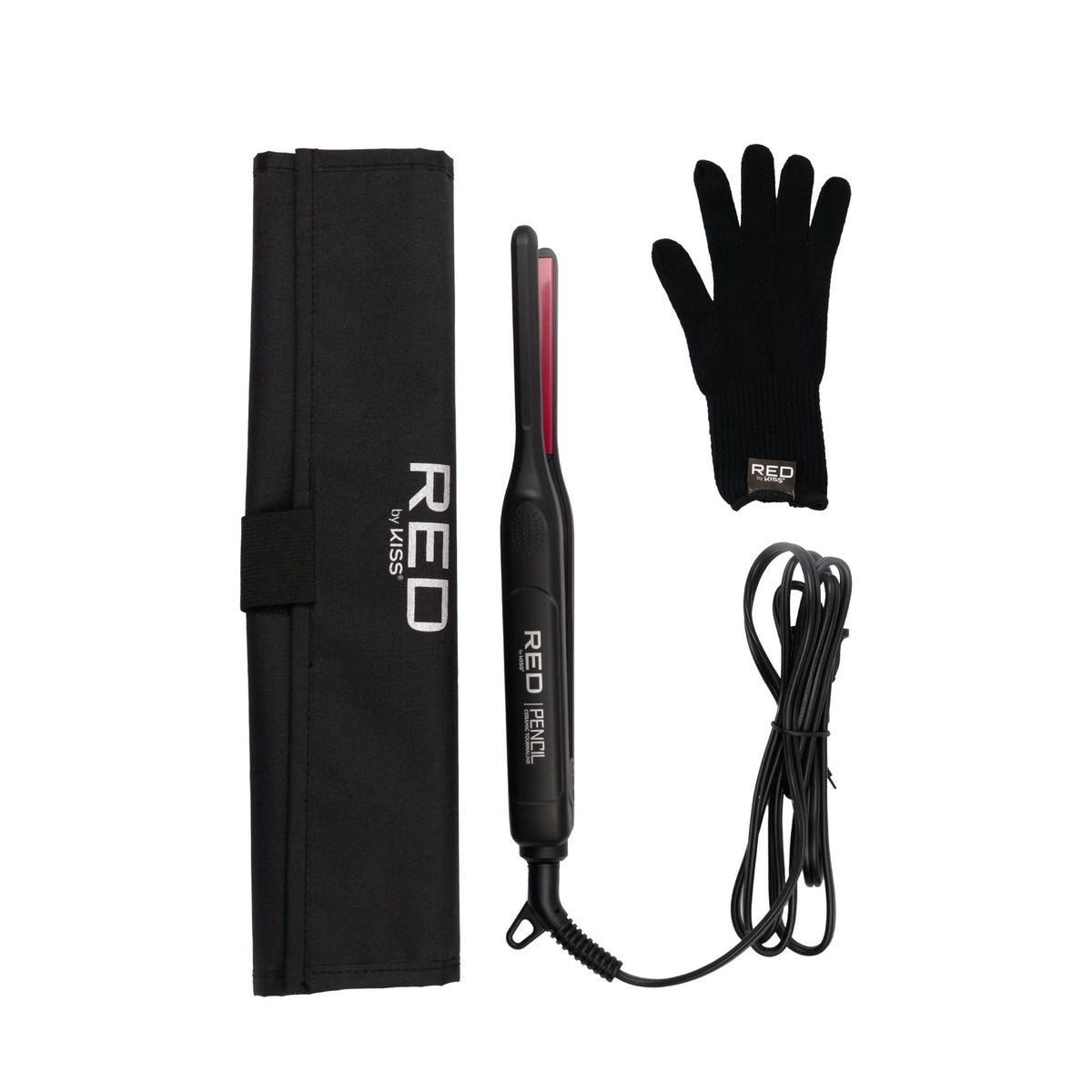 Red by Kiss Pencil Flat Iron 0.3 Inch Tourmaline Ceramic Mini Hair Straightener Up to 450°F for Short to Medium Hair Pixie Cuts Bangs & Edges Includes Travel Pouch & Heat-Resistant Glove Avelisse