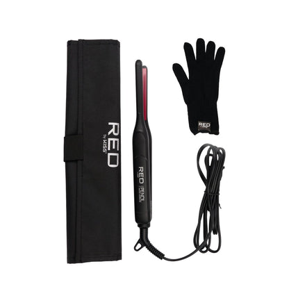 Red by Kiss Pencil Flat Iron 0.3 Inch Tourmaline Ceramic Mini Hair Straightener Up to 450°F for Short to Medium Hair Pixie Cuts Bangs & Edges Includes Travel Pouch & Heat-Resistant Glove Avelisse