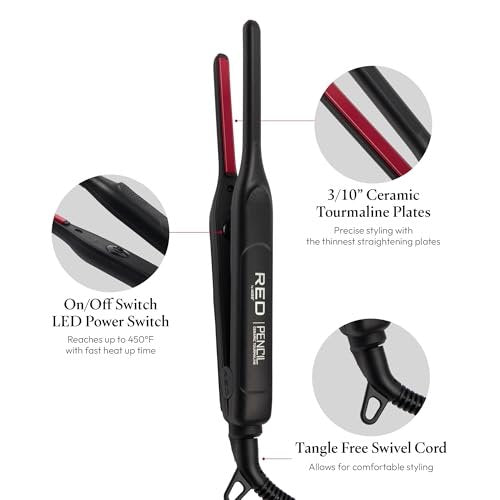 Red by Kiss Pencil Flat Iron 0.3 Inch Tourmaline Ceramic Mini Hair Straightener Up to 450°F for Short to Medium Hair Pixie Cuts Bangs & Edges Includes Travel Pouch & Heat-Resistant Glove Avelisse