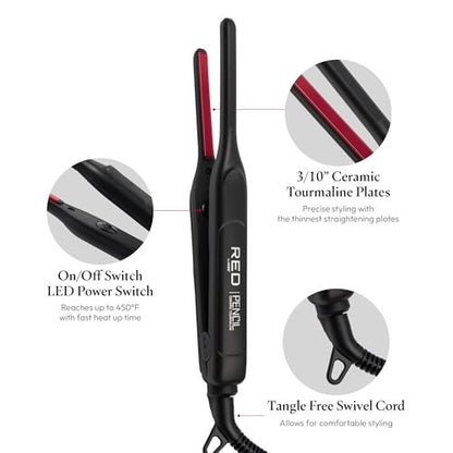 Red by Kiss Pencil Flat Iron 0.3 Inch Tourmaline Ceramic Mini Hair Straightener Up to 450°F for Short to Medium Hair Pixie Cuts Bangs & Edges Includes Travel Pouch & Heat-Resistant Glove Avelisse
