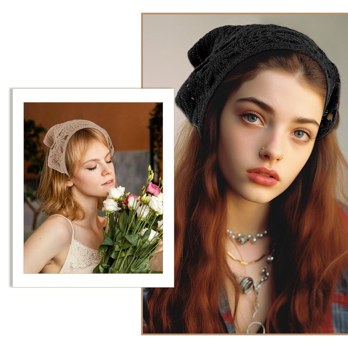 Simarro 3-Pack Hollow Crochet Bandanas - Knitted Headbands for Women, Vintage Tie Headscarf, Wool Hair Accessories (Beige + Black + Khaki) - görsel 13