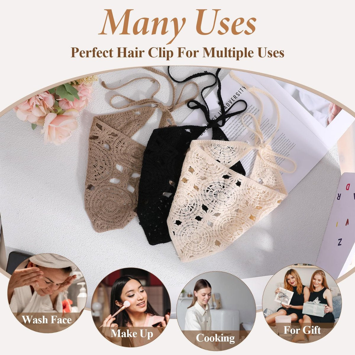 Simarro 3-Pack Hollow Crochet Bandanas - Knitted Headbands for Women, Vintage Tie Headscarf, Wool Hair Accessories (Beige + Black + Khaki) - görsel 9