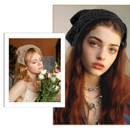Simarro 3-Pack Hollow Crochet Bandanas - Knitted Headbands for Women, Vintage Tie Headscarf, Wool Hair Accessories (Beige + Black + Khaki)