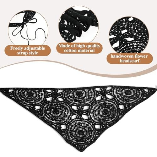 Simarro 3-Pack Hollow Crochet Bandanas - Knitted Headbands for Women, Vintage Tie Headscarf, Wool Hair Accessories (Beige + Black + Khaki) - görsel 8