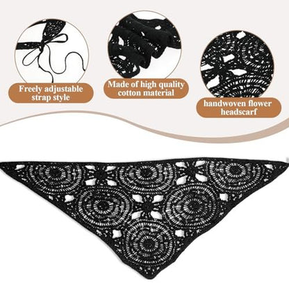 Simarro 3-Pack Hollow Crochet Bandanas - Knitted Headbands for Women, Vintage Tie Headscarf, Wool Hair Accessories (Beige + Black + Khaki)