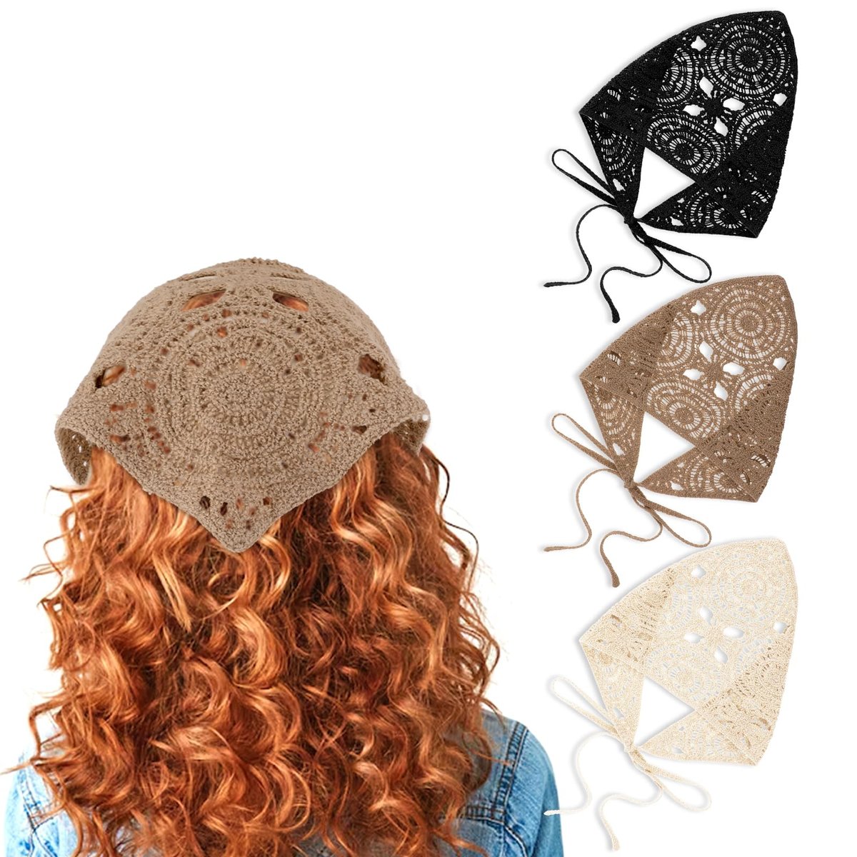 Simarro 3-Pack Hollow Crochet Bandanas - Knitted Headbands for Women, Vintage Tie Headscarf, Wool Hair Accessories (Beige + Black + Khaki) - görsel 1
