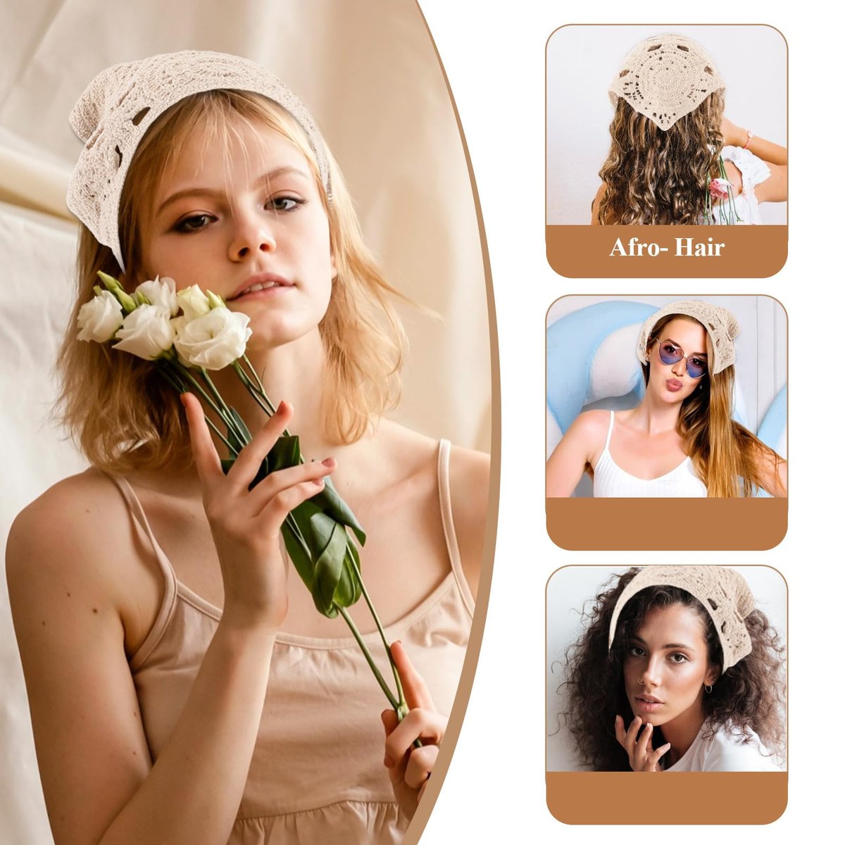 Simarro 3-Pack Hollow Crochet Bandanas - Knitted Headbands for Women, Vintage Tie Headscarf, Wool Hair Accessories (Beige + Black + Khaki) - görsel 5