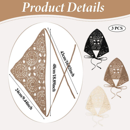 Simarro 3-Pack Hollow Crochet Bandanas - Knitted Headbands for Women, Vintage Tie Headscarf, Wool Hair Accessories (Beige + Black + Khaki)