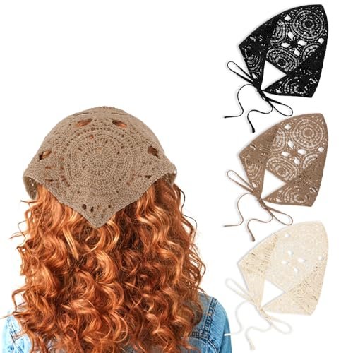 Simarro 3-Pack Hollow Crochet Bandanas - Knitted Headbands for Women, Vintage Tie Headscarf, Wool Hair Accessories (Beige + Black + Khaki) - görsel 2