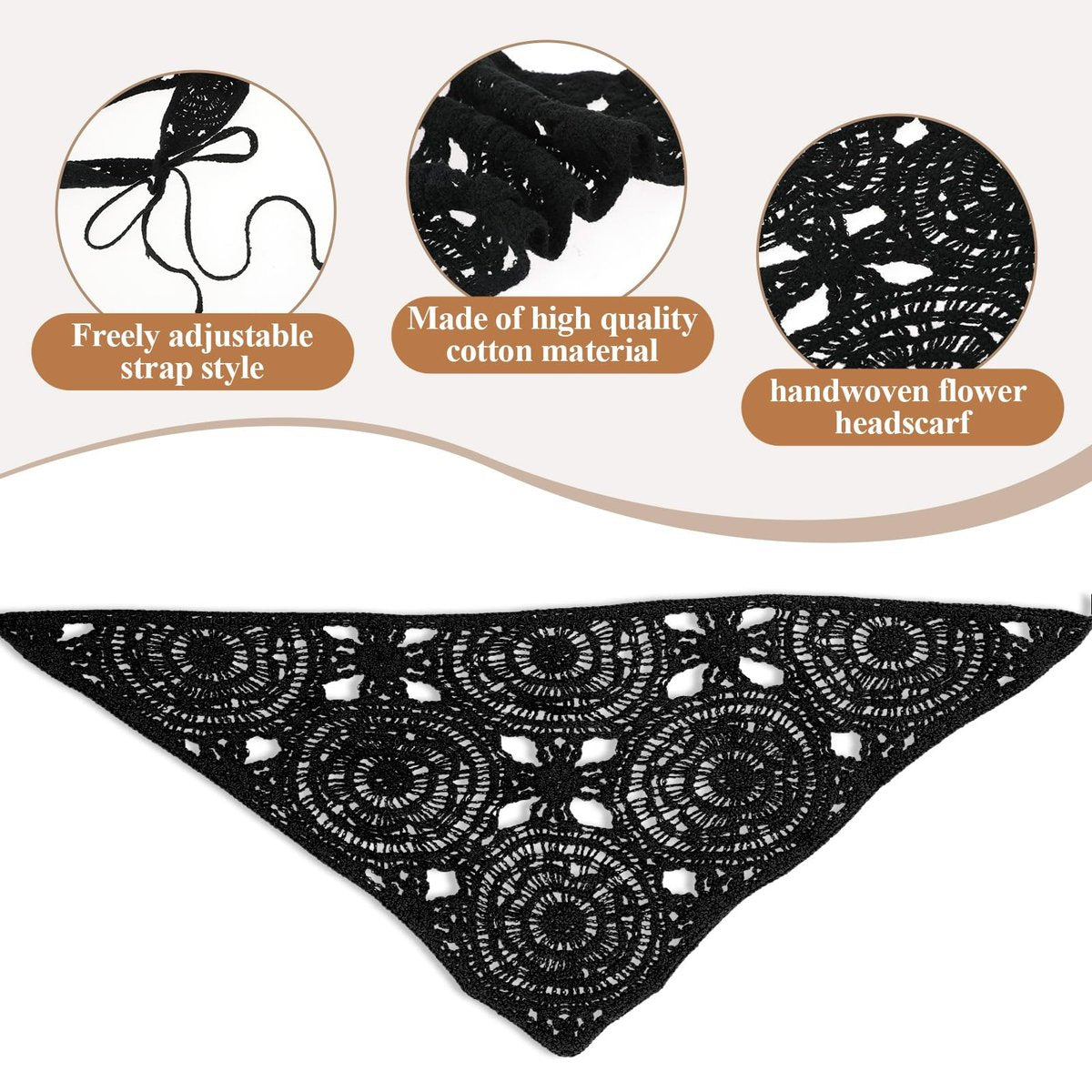 Simarro 3-Pack Hollow Crochet Bandanas - Knitted Headbands for Women, Vintage Tie Headscarf, Wool Hair Accessories (Beige + Black + Khaki) - görsel 7