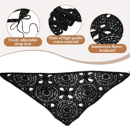 Simarro 3-Pack Hollow Crochet Bandanas - Knitted Headbands for Women, Vintage Tie Headscarf, Wool Hair Accessories (Beige + Black + Khaki)