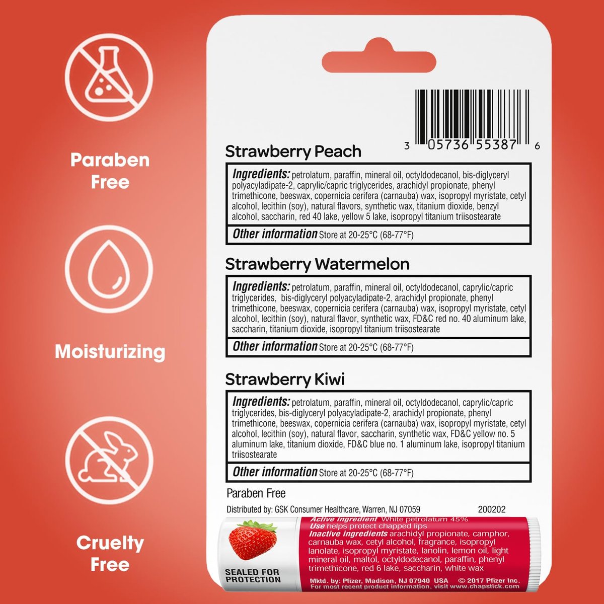 ChapStick Strawberry Lip Balm 5-Pack – Remix 3-Pack + Original 2-Pack, Sweet & Fruity Moisturizers for Dry Lips, 0.15 Oz Each - görsel 15