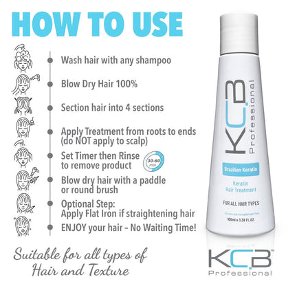 KCB Professional Brazilian Keratin 1 Step Keratin Treatment Kit - Formaldehyde Free, Frizz Control & Straightening for All Hair Types (3.38 Fl Oz) Avelisse